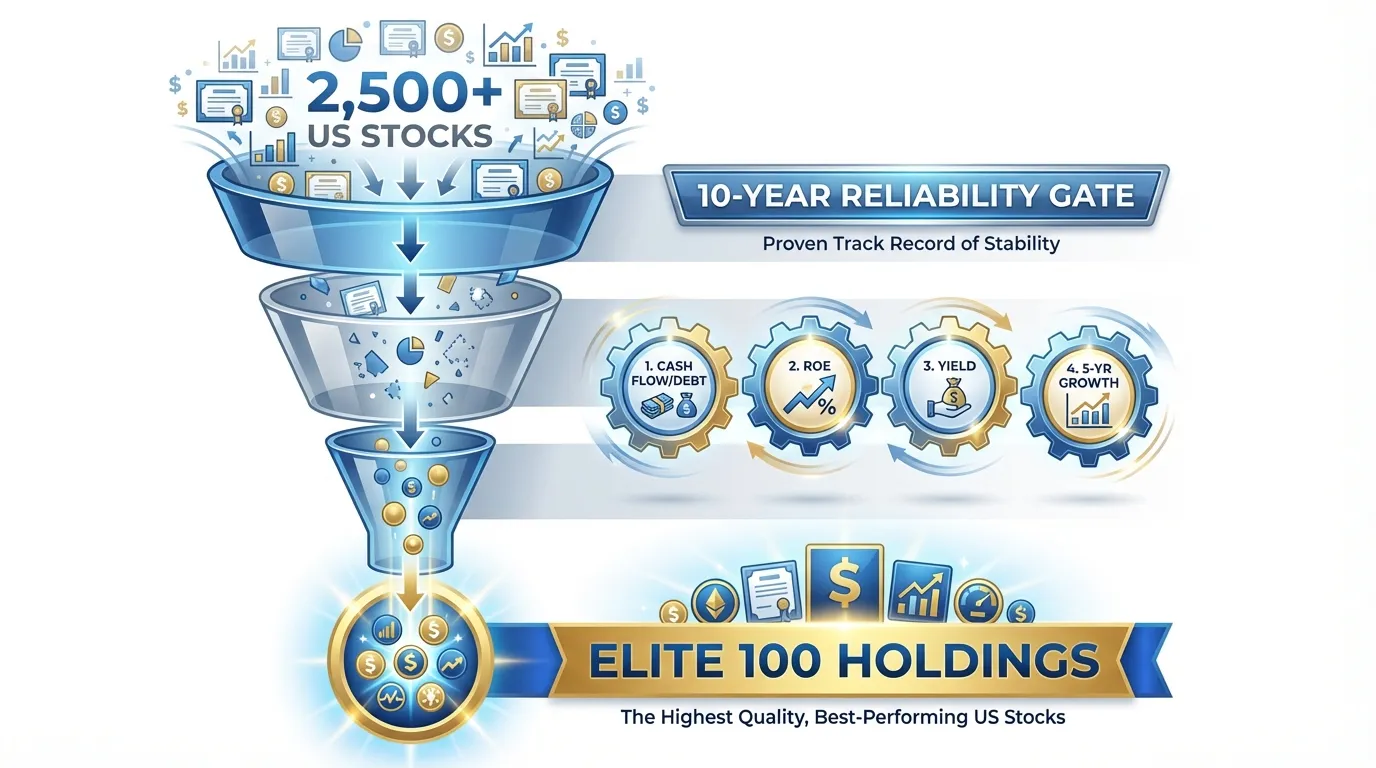 A professional 4-stage funnel diagram showing 2,500+ US stocks entering at the top. The funnel narrows through a "10-Year Reliability Gate," then passes through four glowing gears labeled: 1. Cash Flow/Debt, 2. ROE, 3. Yield, 4. 5-Yr Growth. At the bottom, only the "Elite 100" holdings emerge in a gold-and-blue color scheme.