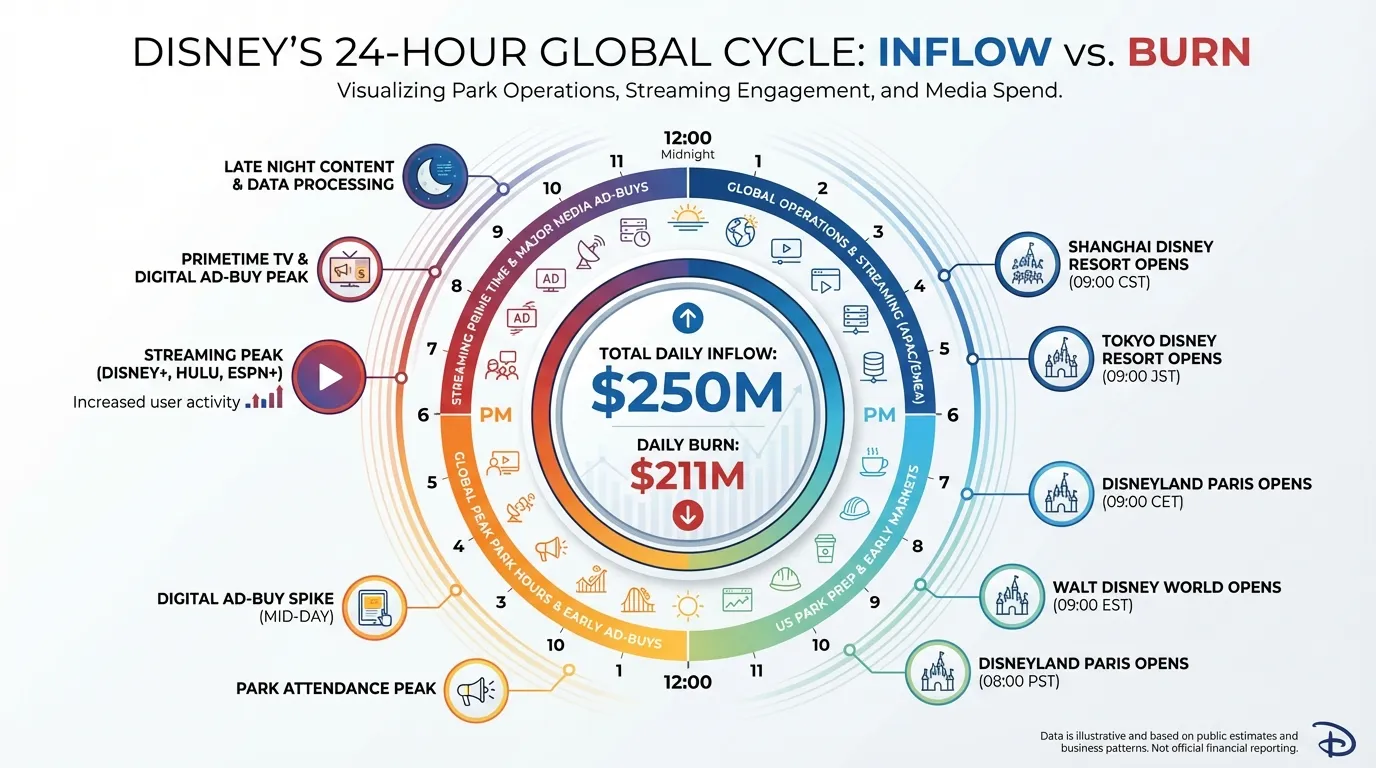 A circular "clock" diagram showing Disney's 24-hour cycle. 12:00 AM to 12:00 PM highlighting global park openings, streaming peak hours, and media ad-buys. A central counter showing "Total Daily Inflow: $250M" vs "Daily Burn: $211M".