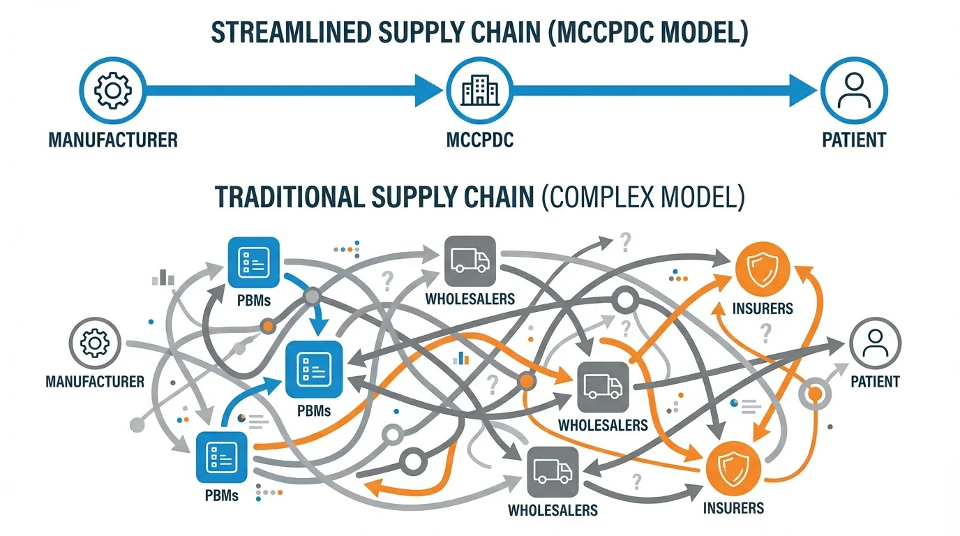 A streamlined supply chain diagram showing a straight line from 'Manufacturer' to 'MCCPDC' to 'Patient', contrasted with a tangled web of 'PBMs', 'Wholesalers', and 'Insurers'.
