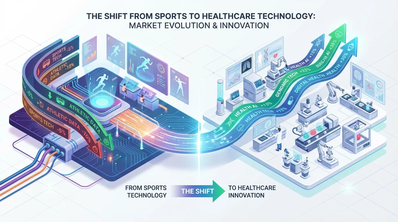 isometric high-tech laboratory merging with a digital stock ticker, symbolizing the shift from sports to healthcare technology.