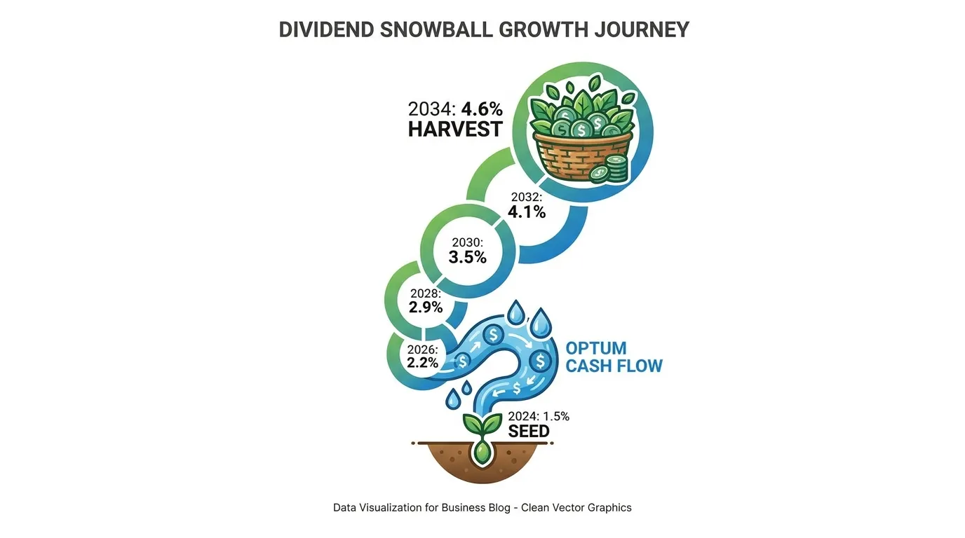 A vertical "Dividend Snowball" diagram showing a small 1.5% seed in 2024 growing into a 4.6% harvest by 2034, with "Optum Cash Flow" acting as the water/fertilizer.