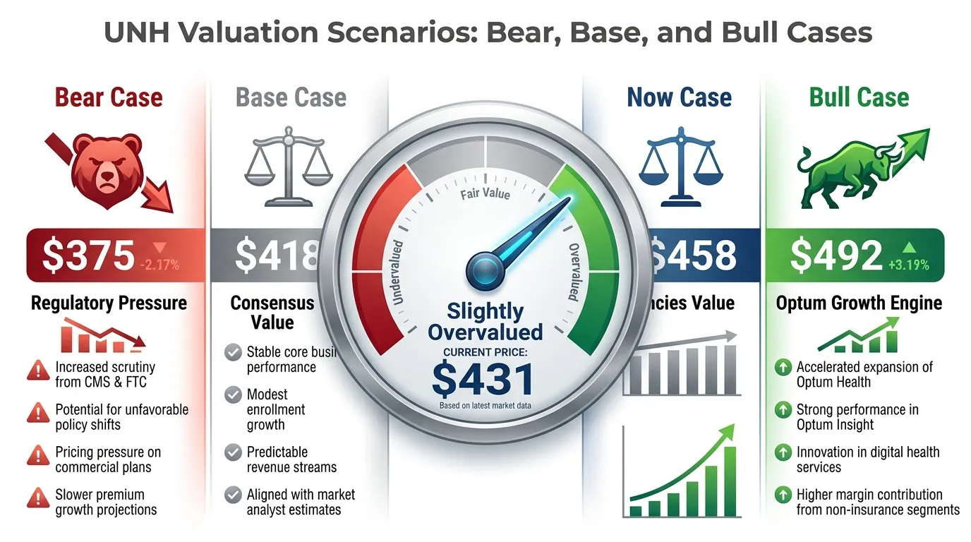 A clean, professional 3-column infographic. Left column "Bear Case" (Red, $375) highlighting "Regulatory Pressure." Middle column "Base Case" (Grey, $418) highlighting "Consensus Value." Right column "Bull Case" (Green, $492) highlighting "Optum Growth Engine." Use a gauge icon in the center indicating "Slightly Overvalued" at the current $431 price.