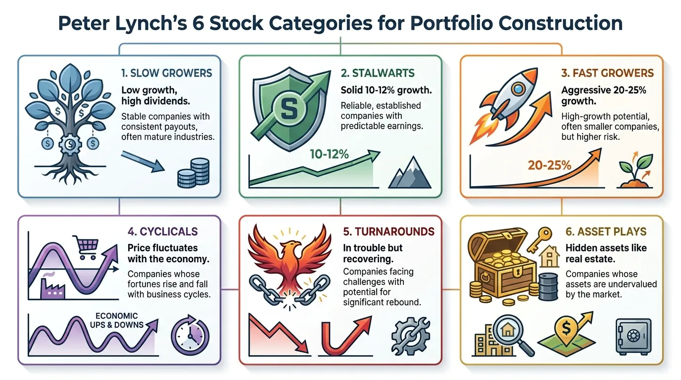 A clean, modern chart titled "Peter Lynch's 6 Stock Categories for Portfolio Construction." Six distinct icons/boxes: 1. Slow Growers (Low growth, high dividends), 2. Stalwarts (Solid 10-12% growth), 3. Fast Growers (Aggressive 20-25% growth), 4. Cyclicals (Price fluctuates with the economy), 5. Turnarounds (In trouble but recovering), 6. Asset Plays (Hidden assets like real estate).