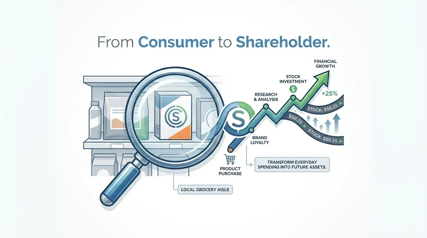A magnifying glass hovering over a local grocery store shelf, transforming a product logo into a rising stock chart, titled "From Consumer to Shareholder."