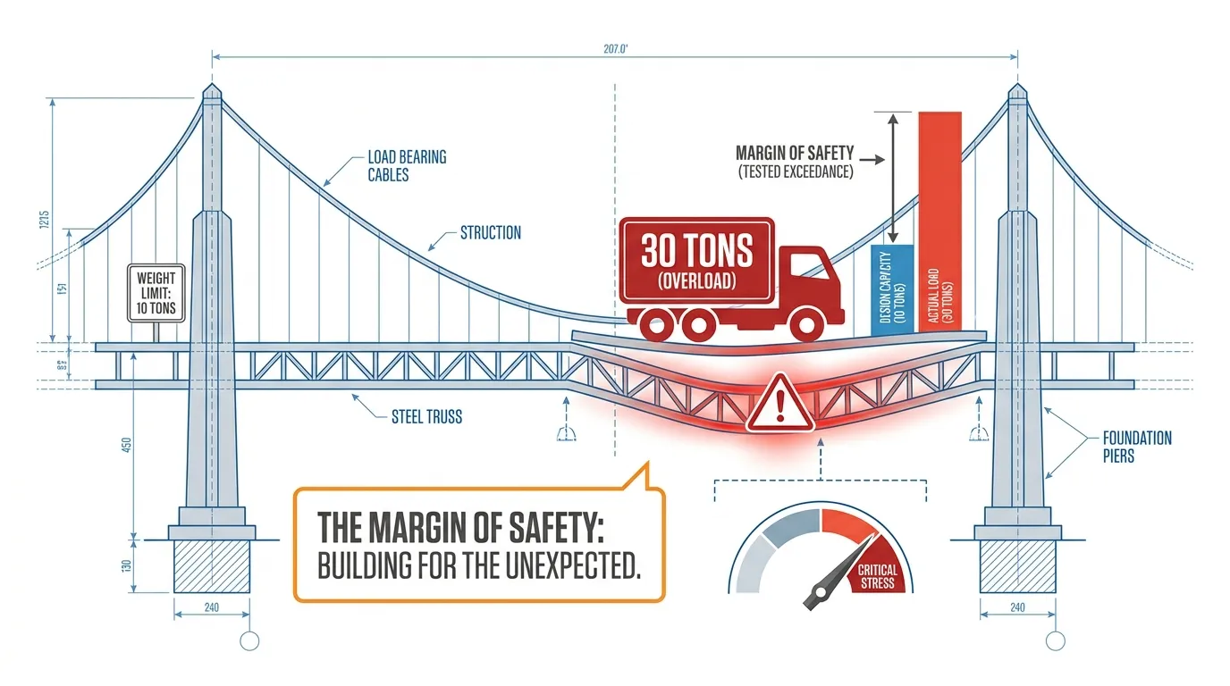 A blueprint of a bridge with a 10-ton weight limit being tested by a 30-ton truck, labeled "The Margin of Safety: Building for the Unexpected."