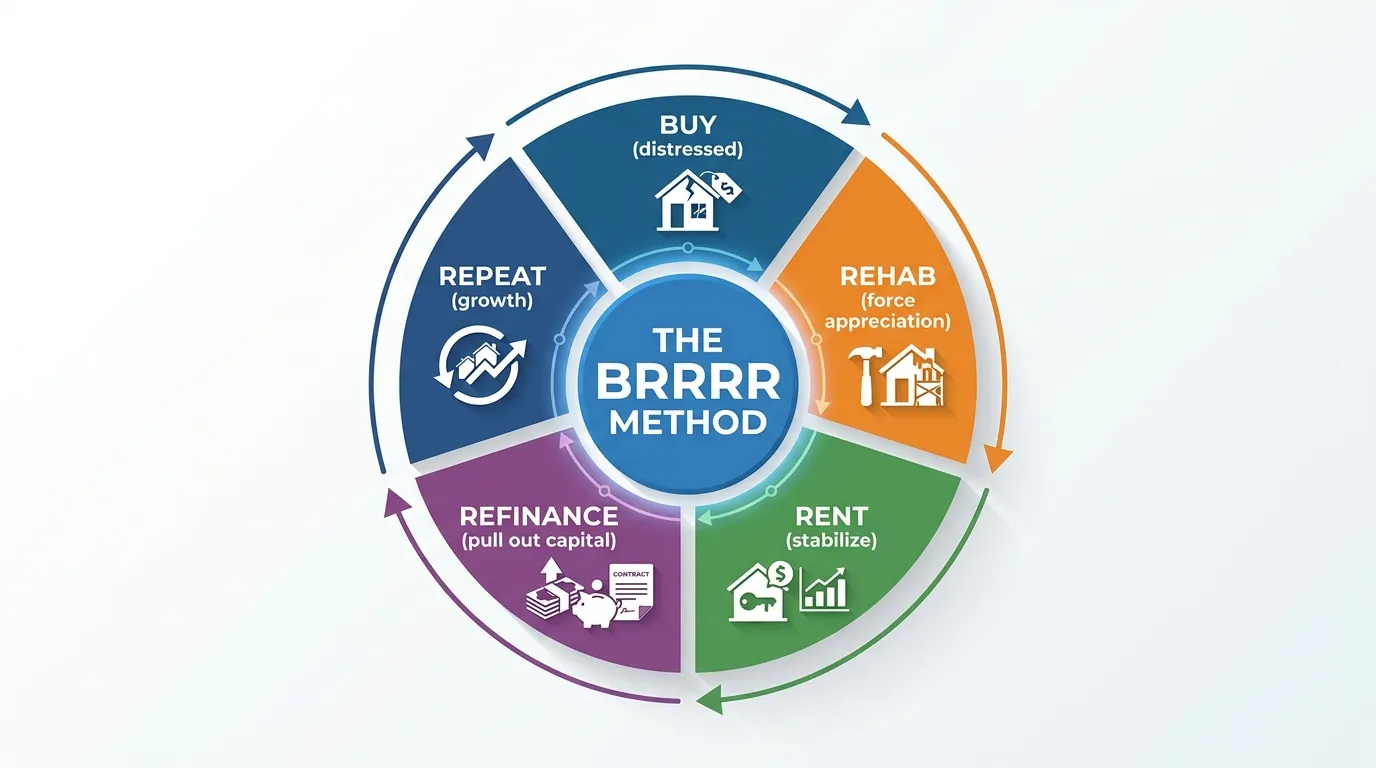 A circular flowchart showing the BRRRR Method: Buy (distressed), Rehab (force appreciation), Rent (stabilize), Refinance (pull out capital), Repeat.