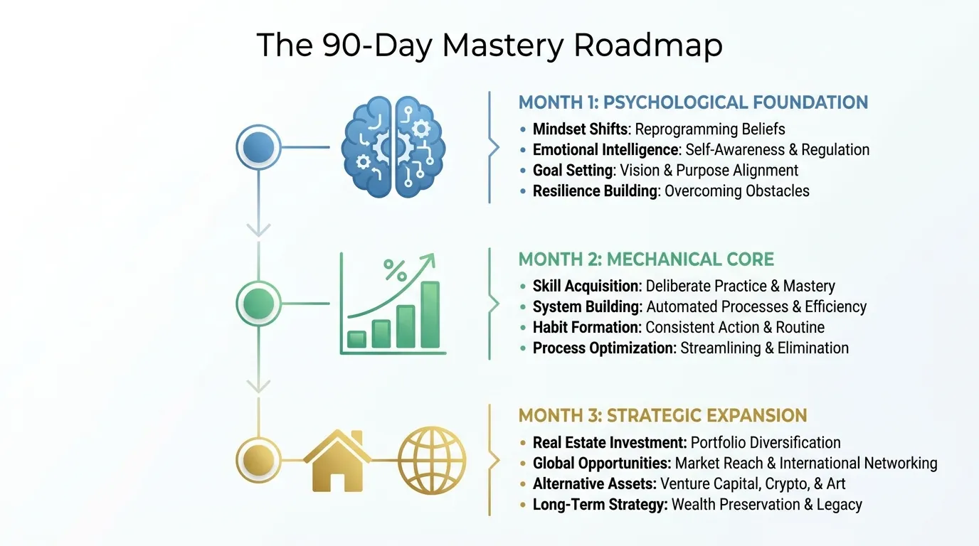 A minimalist vertical timeline titled "The 90-Day Mastery Roadmap." Month 1 (Blue): "Psychological Foundation" featuring an icon of a brain. Month 2 (Green): "Mechanical Core" featuring a compounding chart. Month 3 (Gold): "Strategic Expansion" featuring a house and a globe icon for real estate and alternatives.