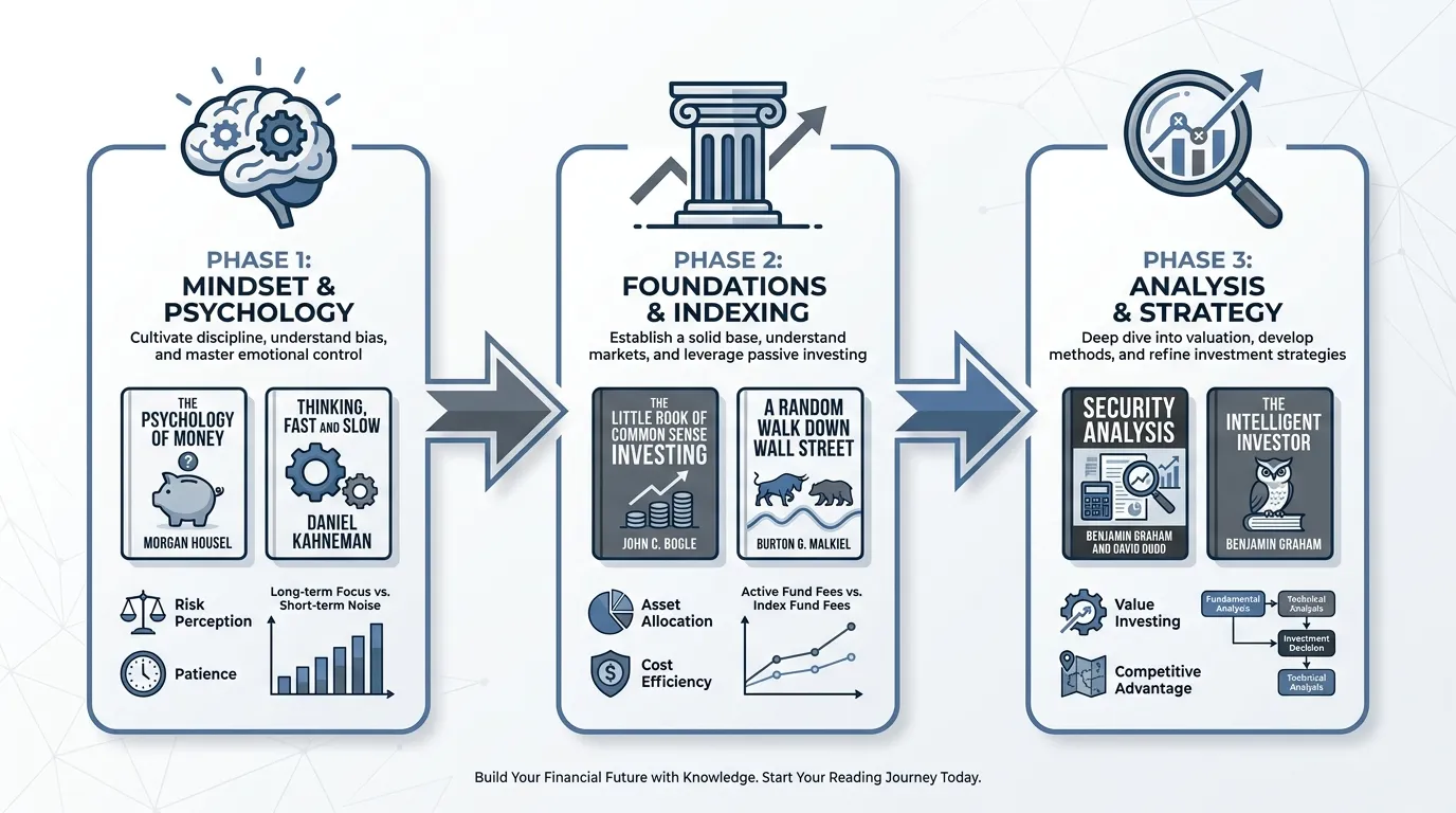 3-stage reading roadmap flowchart for investors: Phase 1 (Mindset/Psychology) with a brain icon -> Phase 2 (Foundations/Indexing) with a pillar icon -> Phase 3 (Analysis/Strategy) with a magnifying glass icon. Minimalist vector design, professional blue and slate grey palette.