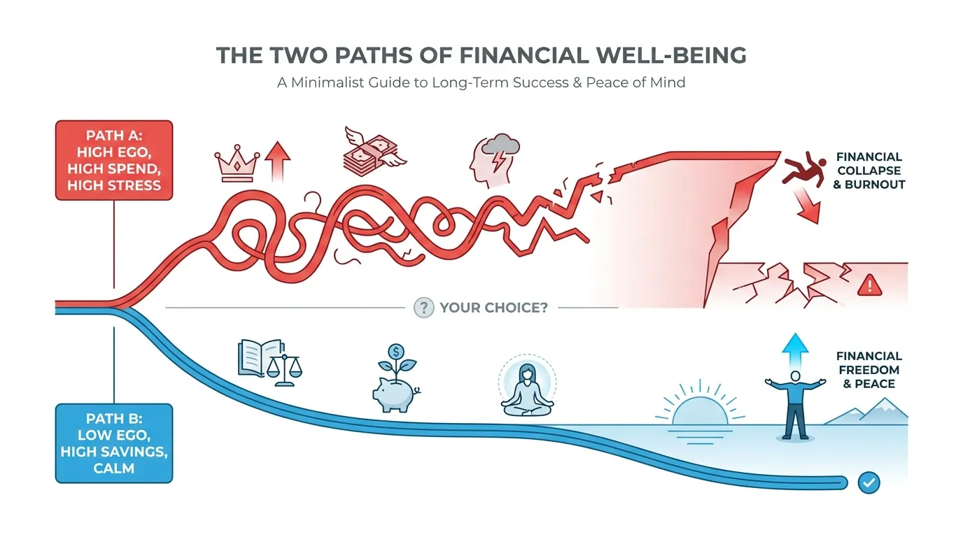 A minimalist diagram showing two paths: Path A (High Ego/High Spend/High Stress) leading to a cliff, and Path B (Low Ego/High Savings/Calm) leading to an open horizon.