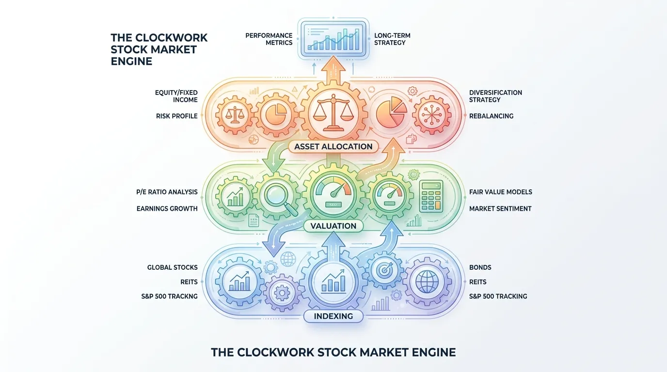 3D schematic of a clockwork stock market engine with layers representing Indexing, Valuation, and Asset Allocation.