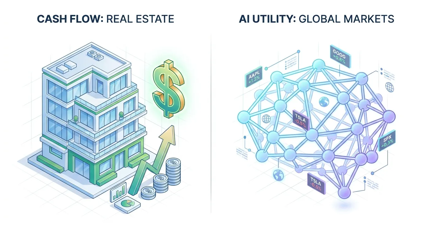 A split-screen isometric 3D graphic. On the left, a modern apartment building with a dollar sign representing cash flow. On the right, a glowing neural network connecting global stock tickers, representing the AI utility layer.