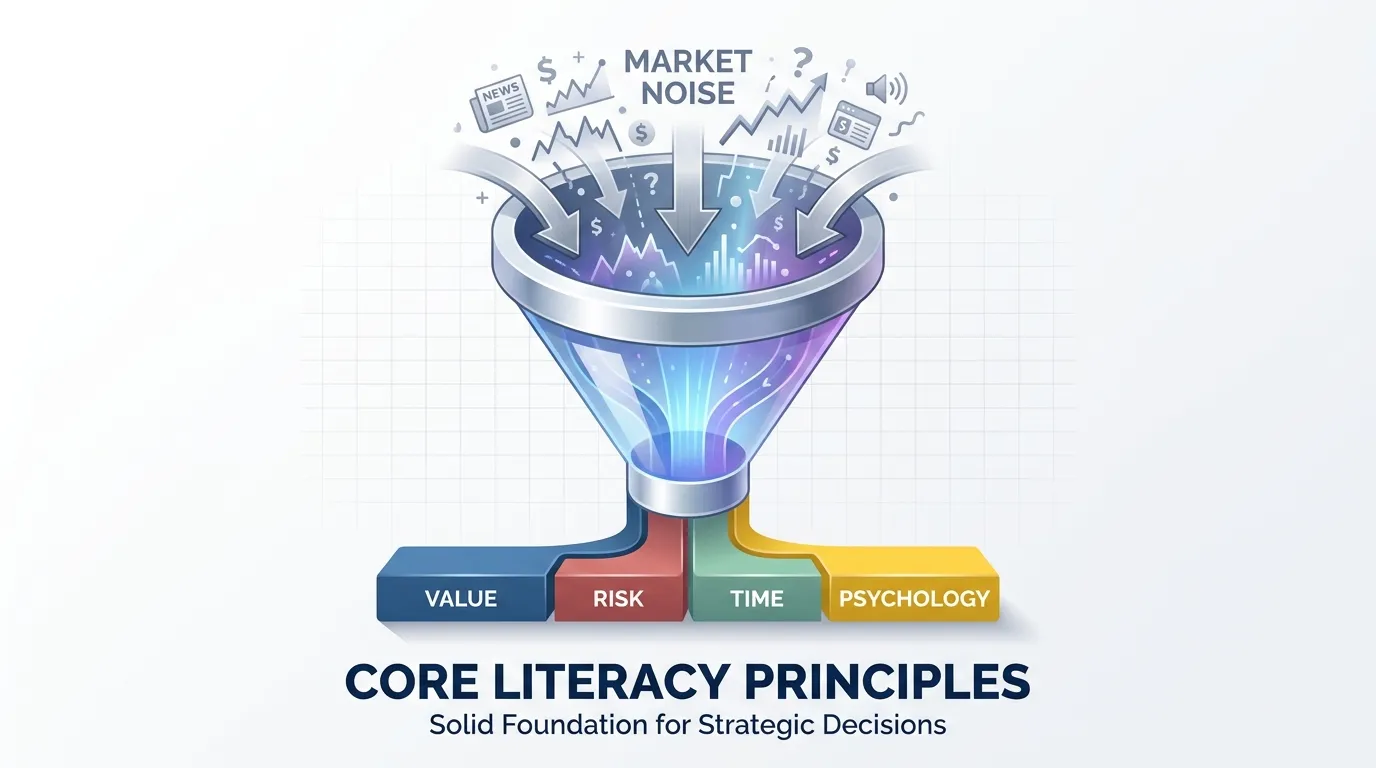 A 3D funnel showing "Market Noise" entering the top and "Core Literacy Principles" (Value, Risk, Time, Psychology) coming out the bottom as a solid foundation.
