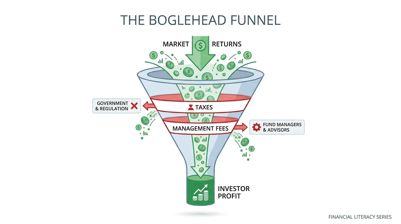 A minimalist diagram showing "The Boglehead Funnel": Market Returns entering at the top, filtered by "Taxes" and "Management Fees," with "Investor Profit" at the bottom.