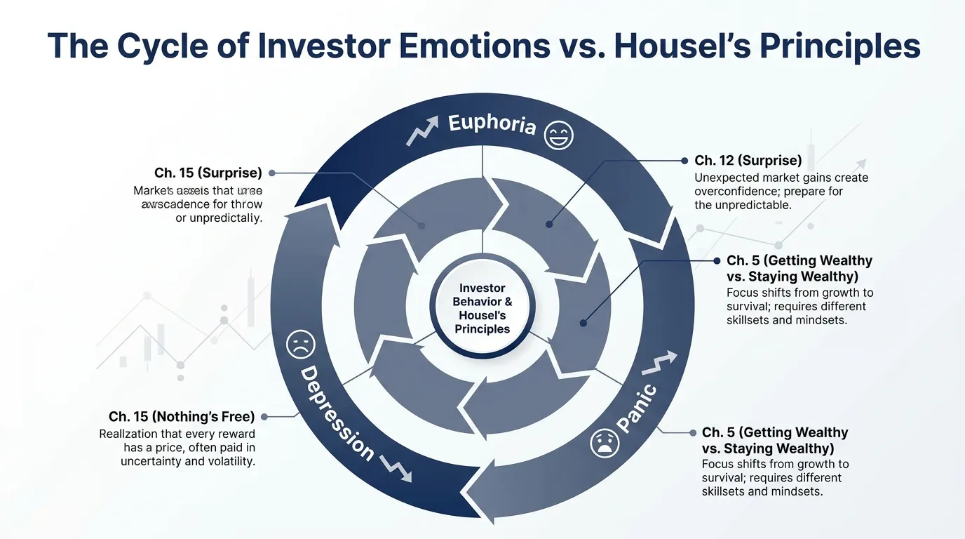 A circular flow chart titled "The Cycle of Investor Emotions vs. Housel’s Principles." Mapping 'Euphoria' to Ch. 12 (Surprise), 'Panic' to Ch. 5 (Getting Wealthy vs. Staying Wealthy), and 'Depression' to Ch. 15 (Nothing’s Free). Use a professional palette of navy blue and slate grey.