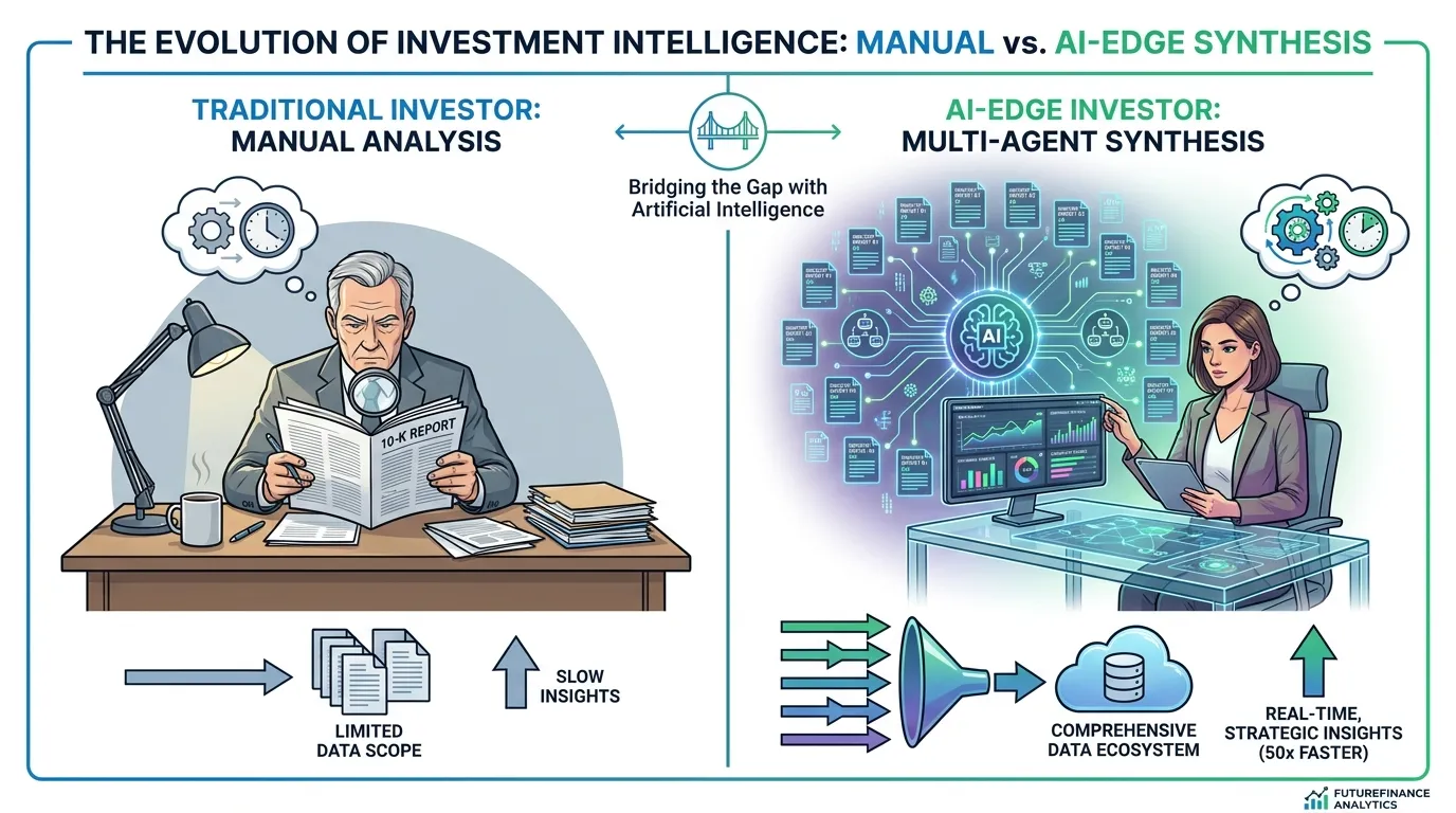 A split-screen comparison showing a "Traditional Investor" reading one 10-K report vs. an "AI-Edge Investor" using a multi-agent system to synthesize 50 industry reports simultaneously.