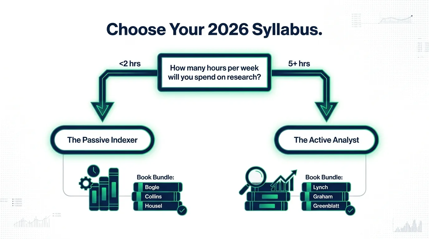A minimalist decision-tree flowchart titled "Choose Your 2026 Syllabus." Top node: "How many hours per week will you spend on research?" -> Left branch (<2 hrs): "The Passive Indexer" (leads to book bundle: Bogle, Collins, Housel). -> Right branch (5+ hrs): "The Active Analyst" (leads to book bundle: Lynch, Graham, Greenblatt). Use a sleek, Bloomberg-terminal aesthetic with navy and emerald accents.