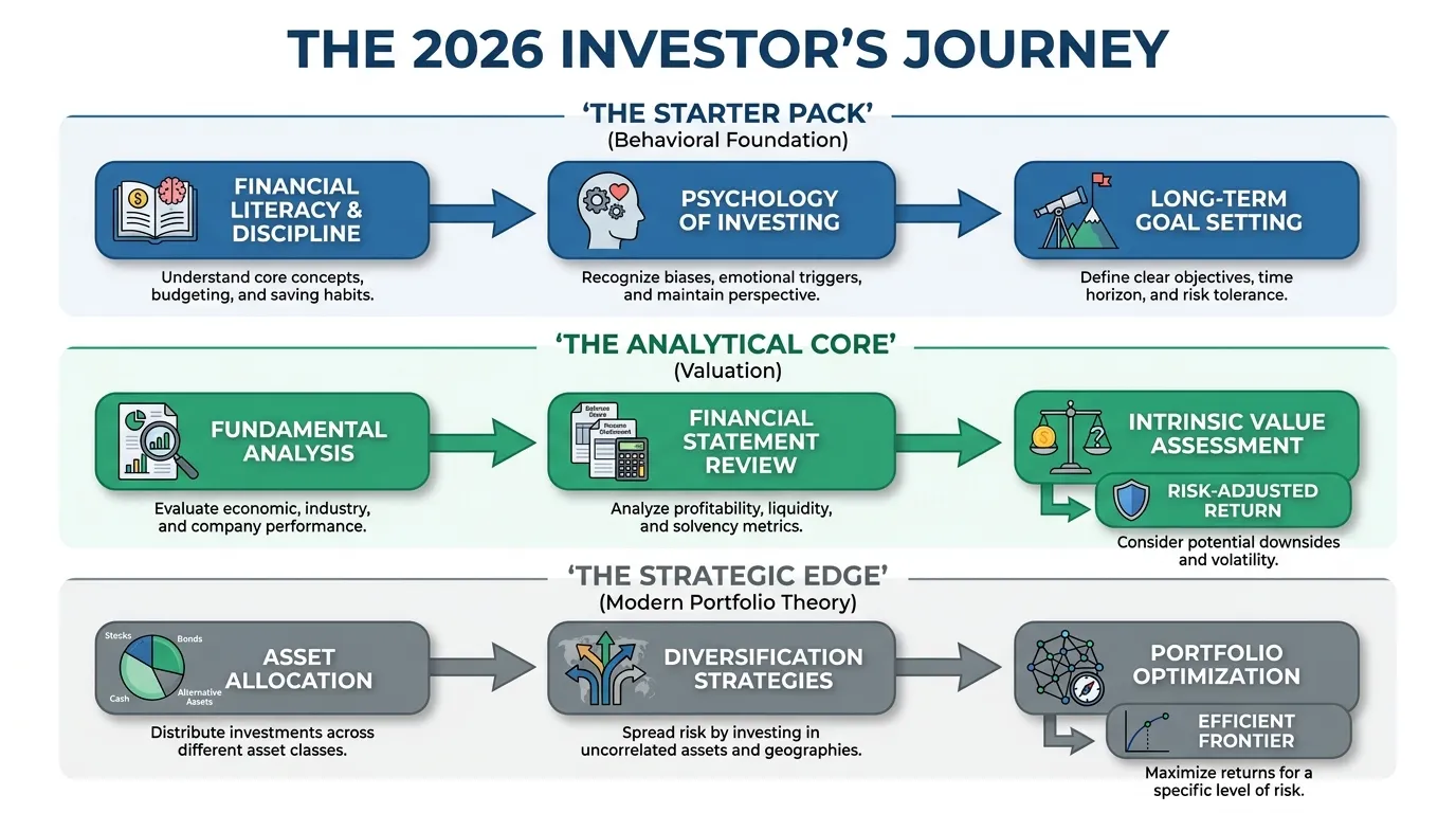 A clean, minimalist flow chart titled "The 2026 Investor’s Journey." It shows three distinct tiers: 'The Starter Pack' (Behavioral Foundation), 'The Analytical Core' (Valuation), and 'The Strategic Edge' (Modern Portfolio Theory). Use a professional financial color palette: Oxford Blue, Emerald Green, and Slate Grey.