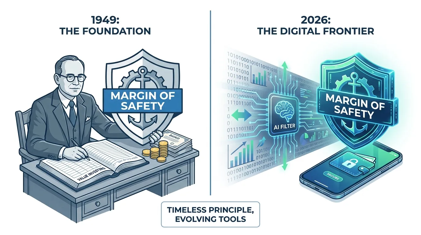 A split-screen comparison: Left side (1949) shows Benjamin Graham with a ledger and a "Margin of Safety" shield. Right side (2026) shows a high-speed data stream passing through an AI filter, with the same "Margin of Safety" shield protecting a digital wallet. Minimalist, clean lines, professional financial aesthetic.