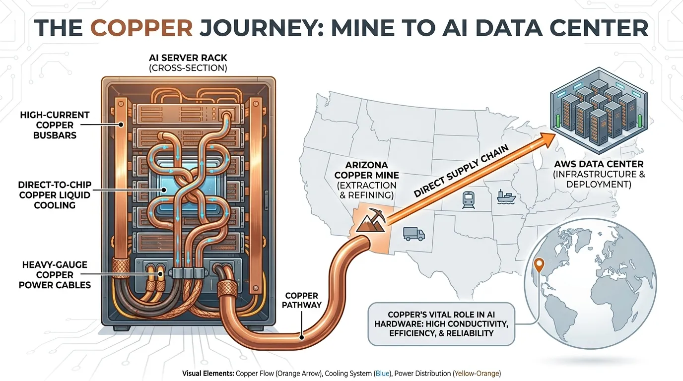 A cross-section of an AI server rack highlighting copper components (busbars, liquid cooling tubes, power cables) leading to a map connecting an Arizona copper mine directly to an AWS data center.