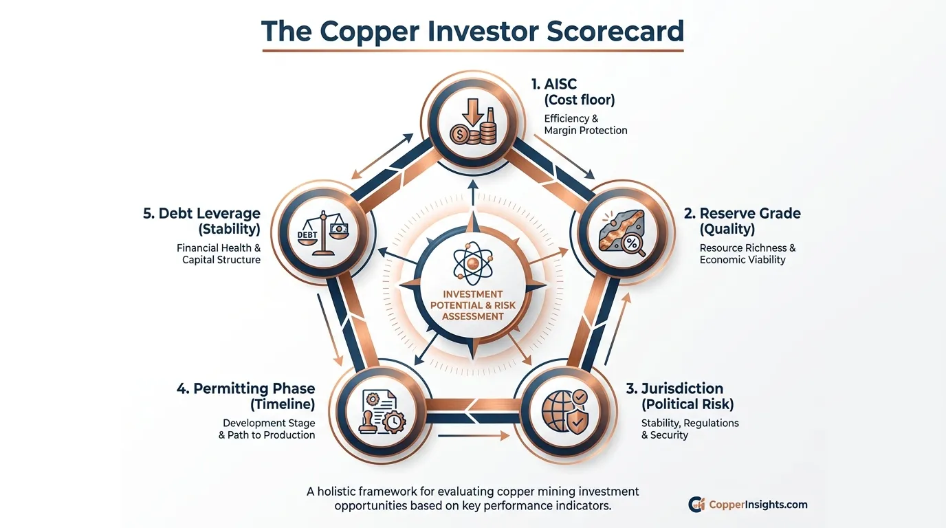 A clean, modern 5-point pentagon diagram titled 'The Copper Investor Scorecard'. Labels: 1. AISC (Cost floor), 2. Reserve Grade (Quality), 3. Jurisdiction (Political Risk), 4. Permitting Phase (Timeline), 5. Debt Leverage (Stability). Dark blue and copper-orange color scheme.