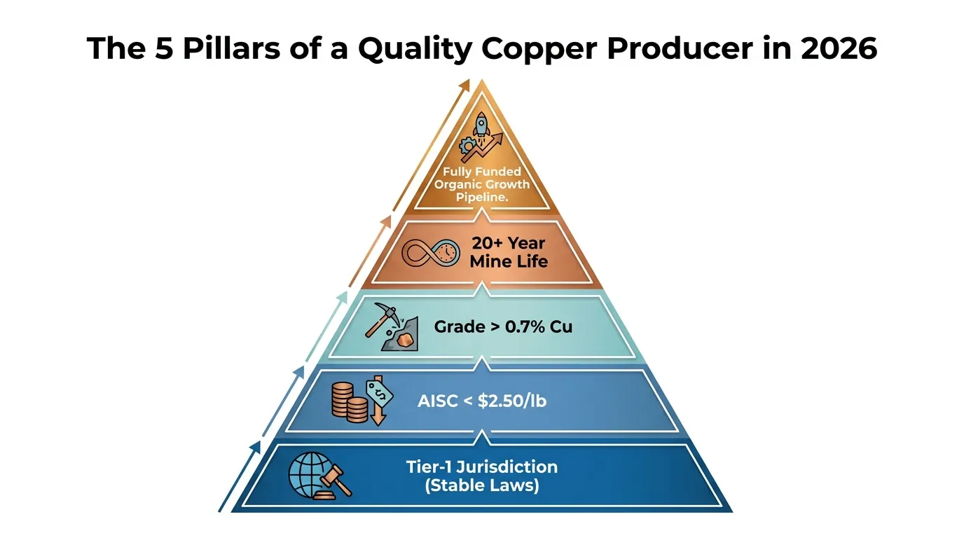 A vertical "Quality Pyramid" titled 'The 5 Pillars of a Quality Copper Producer in 2026'. Base: Tier-1 Jurisdiction (Stable Laws). Second: AISC < $2.50/lb. Third: Grade > 0.7% Cu. Fourth: 20+ Year Mine Life. Top: Fully Funded Organic Growth Pipeline.