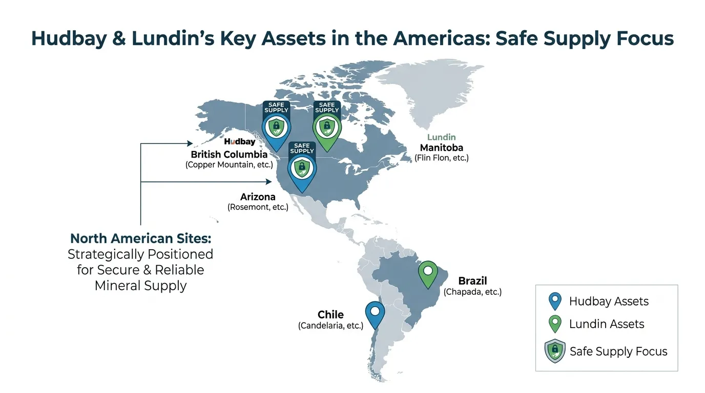 A map of the Americas highlighting Hudbay and Lundin's key assets (Arizona, British Columbia, Manitoba, Chile, Brazil) with "Safe Supply" icons overlaying North American sites.