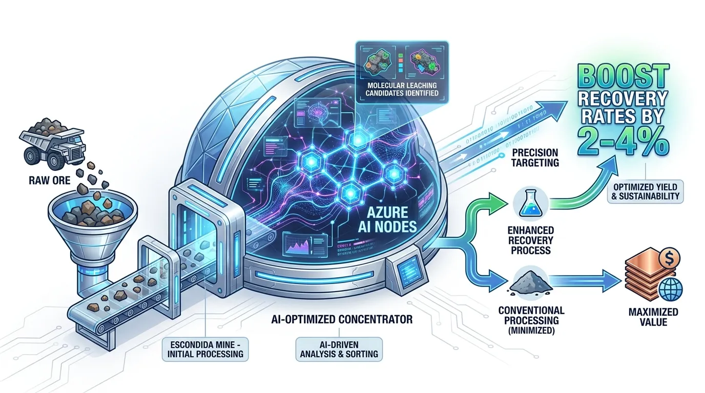 A high-tech flow chart showing raw ore entering an AI-optimized concentrator at Escondida, with glowing "Azure AI" nodes identifying "molecular leaching candidates" to boost recovery rates by 2-4%.