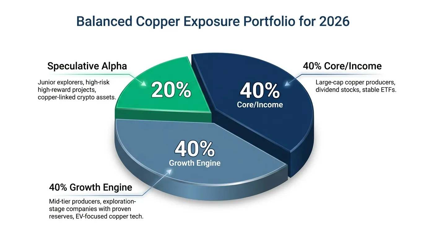 A professional 3D pie chart labeled 'Balanced Copper Exposure Portfolio for 2026' with three segments: 40% Navy Blue (Core/Income), 40% Steel Blue (Growth Engine), 20% Emerald Green (Speculative Alpha).