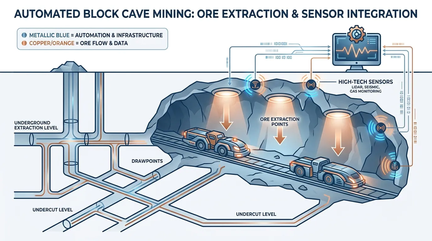 Cross-section of an underground block cave mine showing automated loaders and ore extraction points with high-tech sensors, metallic blue and copper aesthetic.