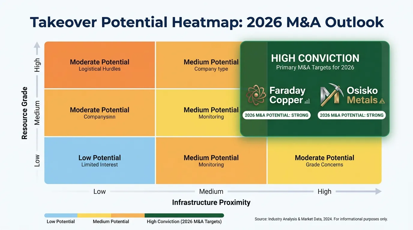 A 'Takeover Potential' heatmap showing a 3x3 grid. X-axis: "Infrastructure Proximity" (Low to High). Y-axis: "Resource Grade" (Low to High). Faraday Copper and Osisko Metals are highlighted in the top-right "High Conviction" quadrant, color-coded deep green for 2026 M&A potential.