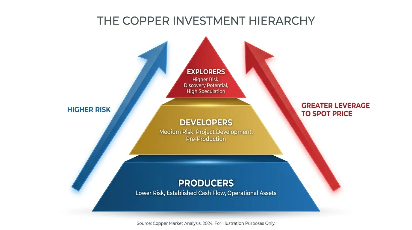 A clean, professional 3D pyramid chart labeled "The Copper Investment Hierarchy." The base is wide (blue) for Producers, the middle (gold) for Developers, and the apex (red) for Explorers, with arrows indicating the trade-off between "Risk" and "Leverage to Spot Price."