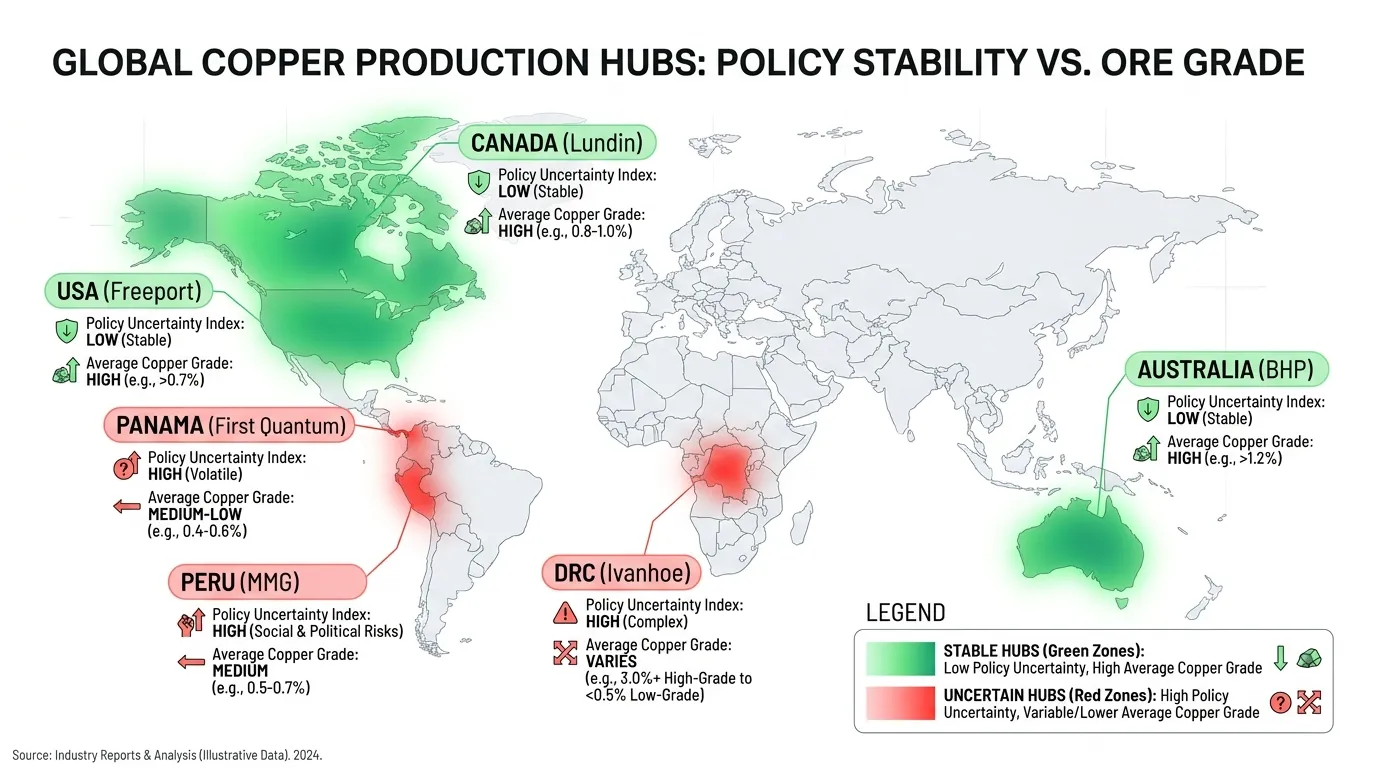 A world map heat-map highlighting copper production hubs. 'Green' zones: Australia (BHP), Canada (Lundin), USA (Freeport). 'Red' zones: Panama (First Quantum), DRC (Ivanhoe), Peru (MMG). Text overlays show "Policy Uncertainty Index" vs "Average Copper Grade."