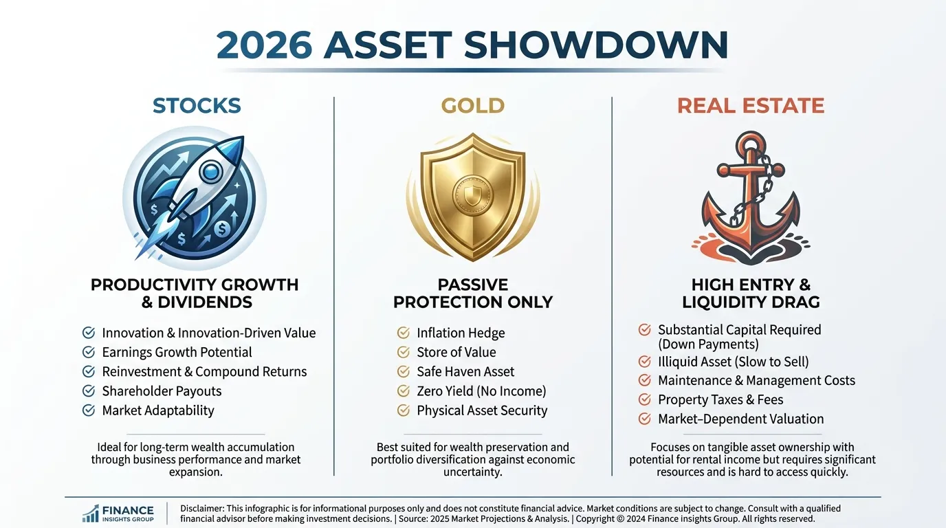 A three-column comparison titled "2026 Asset Showdown." Column 1 (Stocks): A rocket ship icon labeled "Productivity Growth & Dividends." Column 2 (Gold): A shield icon labeled "Passive Protection Only." Column 3 (Real Estate): A heavy anchor icon labeled "High Entry & Liquidity Drag."