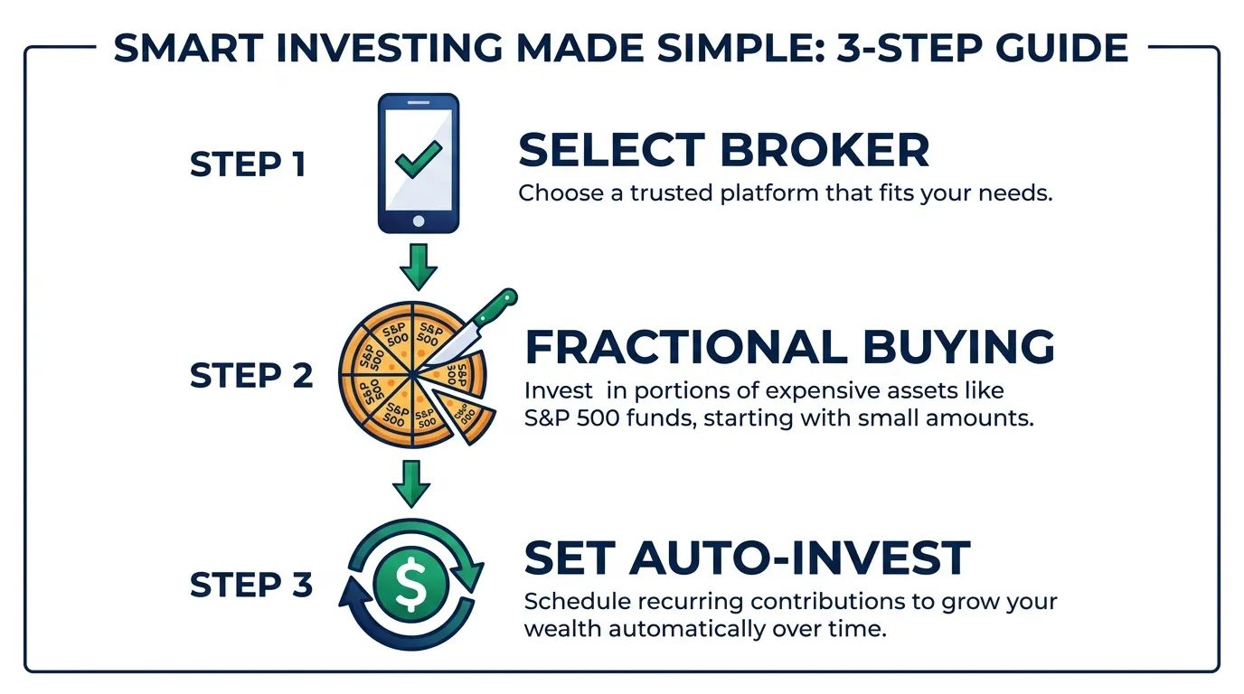 A clean, 3-step vertical flowchart. Step 1: Mobile phone icon with a checkmark (Select Broker). Step 2: A pizza being sliced into small pieces labeled with "S&P 500" (Fractional Buying). Step 3: A circular arrow icon with a dollar sign in the center (Set Auto-Invest). Use a professional palette of navy blue and emerald green.
