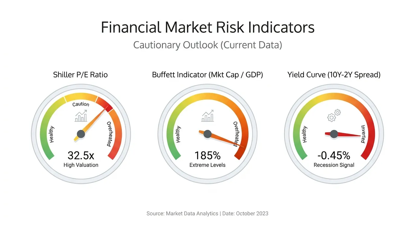 A minimalist dashboard showing three gauges (Shiller P/E, Buffett Indicator, Yield Curve) all leaning into the "Caution" or "Overheated" yellow-to-red zones.