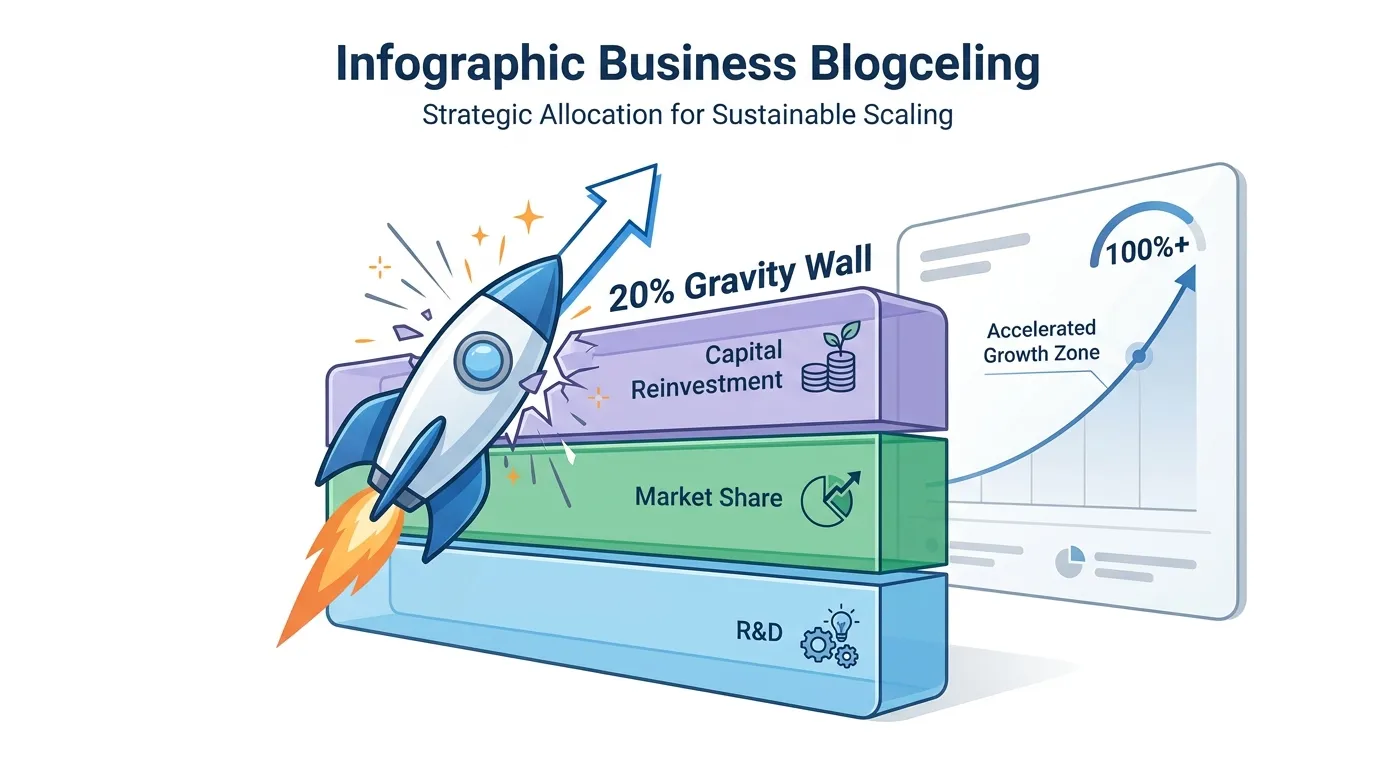 A rocket ship clearing a "20% Gravity Wall" with layers representing R&D, Market Share, and Capital Reinvestment.