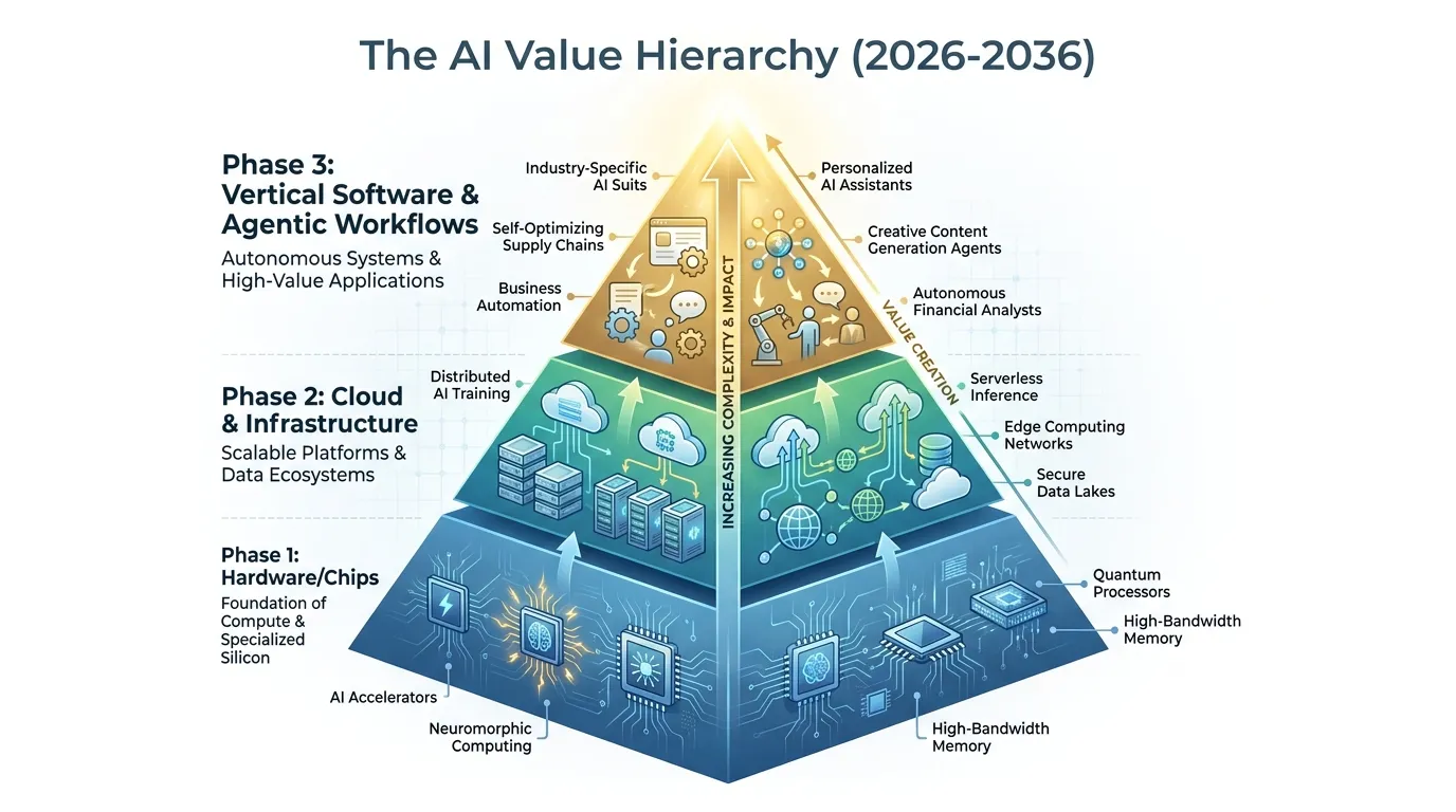 A pyramid diagram titled "The AI Value Hierarchy (2026-2036)." The base (Phase 1) is Hardware/Chips; the middle (Phase 2) is Cloud & Infrastructure; the apex (Phase 3) is Vertical Software & Agentic Workflows. Use a color gradient from cooling blue (Hardware) to glowing gold (Software).