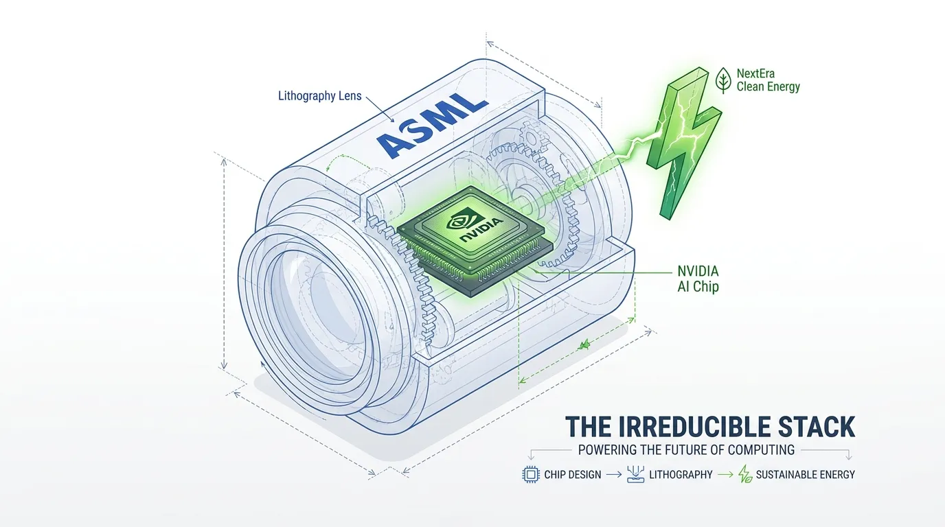 A 3D isometric blueprint showing a computer chip (NVIDIA) inside a lithography lens (ASML) powered by a green lightning bolt (NextEra), labeled "The Irreducible Stack."