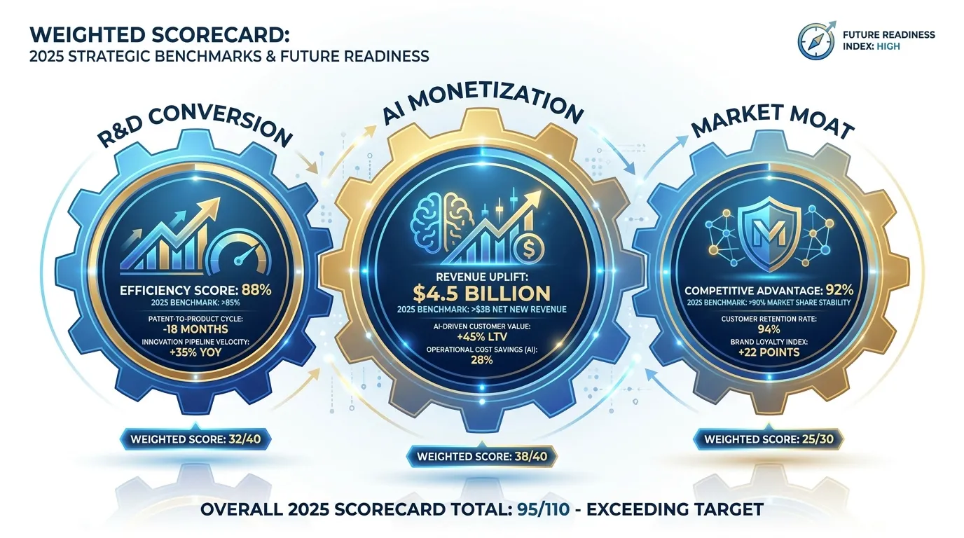 A weighted scorecard graphic with three gears interlocking: "R&D Conversion," "Market Moat," and "AI Monetization." Glowing blue and gold gradients, data labels showing 2025 benchmarks.