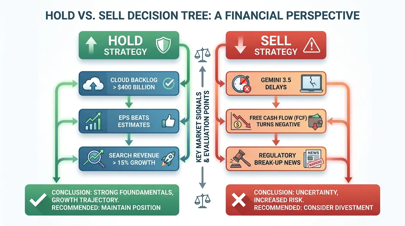 A vertical 'Hold vs. Sell' decision tree. Left side 'Hold': Cloud backlog > $400B, EPS beats, Search revenue >15% growth. Right side 'Sell': Gemini 3.5 delays, FCF turns negative, Regulatory break-up news.