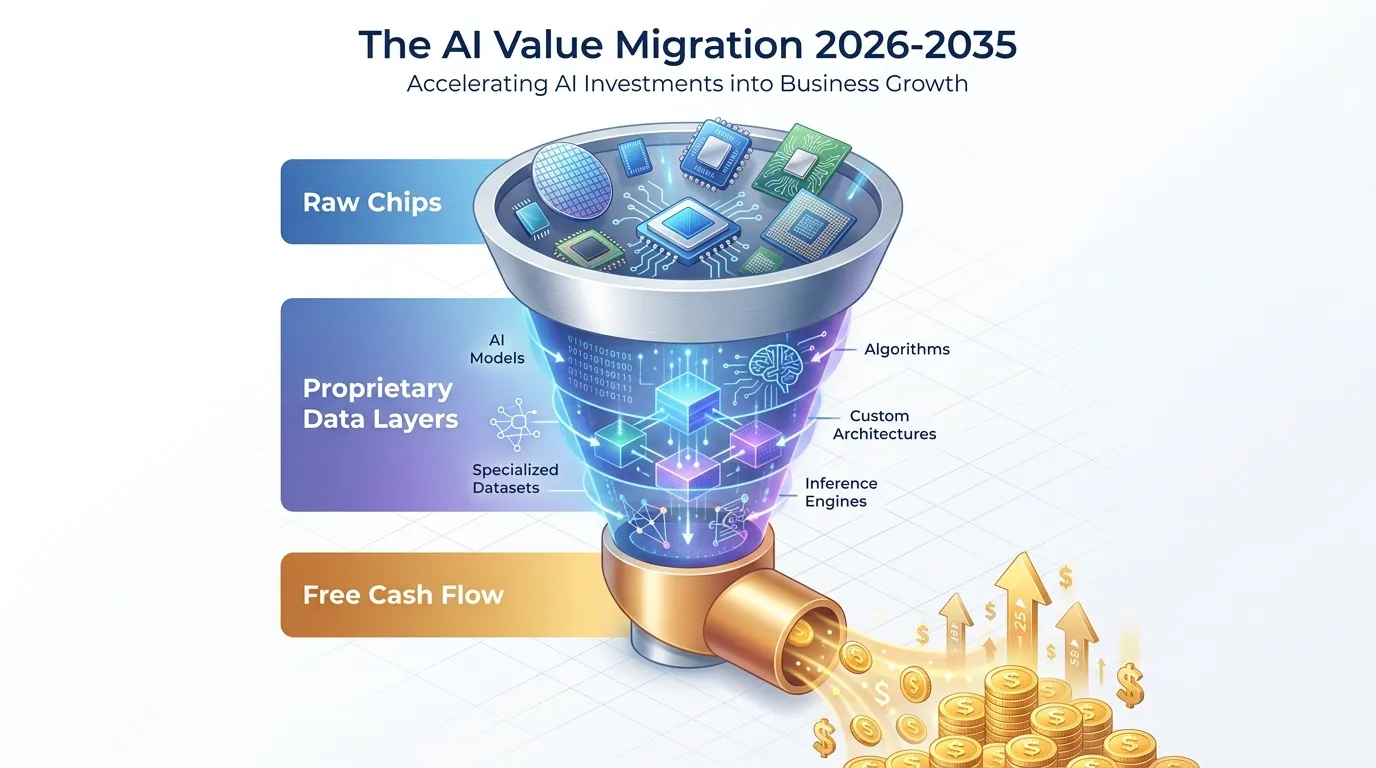 A 3D isometric funnel showing "Raw Chips" at the top, narrowing into "Proprietary Data Layers," and outputting "Free Cash Flow" at the bottom, labeled "The AI Value Migration 2026-2035."