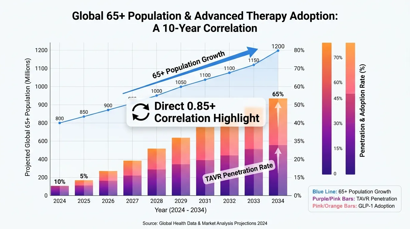 A dual-axis heat map showing the 10-year projected growth of the 65+ global population (line graph) overlaid with the rising penetration rates of Transcatheter Aortic Valve Replacement (TAVR) and GLP-1 therapy adoption (bar charts), highlighting a direct 0.85+ correlation.