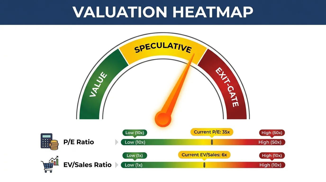 A high-contrast "Valuation Heatmap" showing a speedometer needle moving from "Value" (Green) to "Speculative" (Yellow) to "Exit-Gate" (Red), with labels for P/E and EV/Sales ratios.
