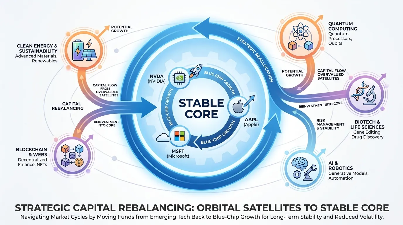 A circular diagram showing a "Stable Core" of blue-chip growth (e.g., NVDA, MSFT) surrounded by "Orbital Satellites" of emerging tech (e.g., Quantum, Biotech), with arrows indicating capital rebalancing from overvalued satellites back into the core.