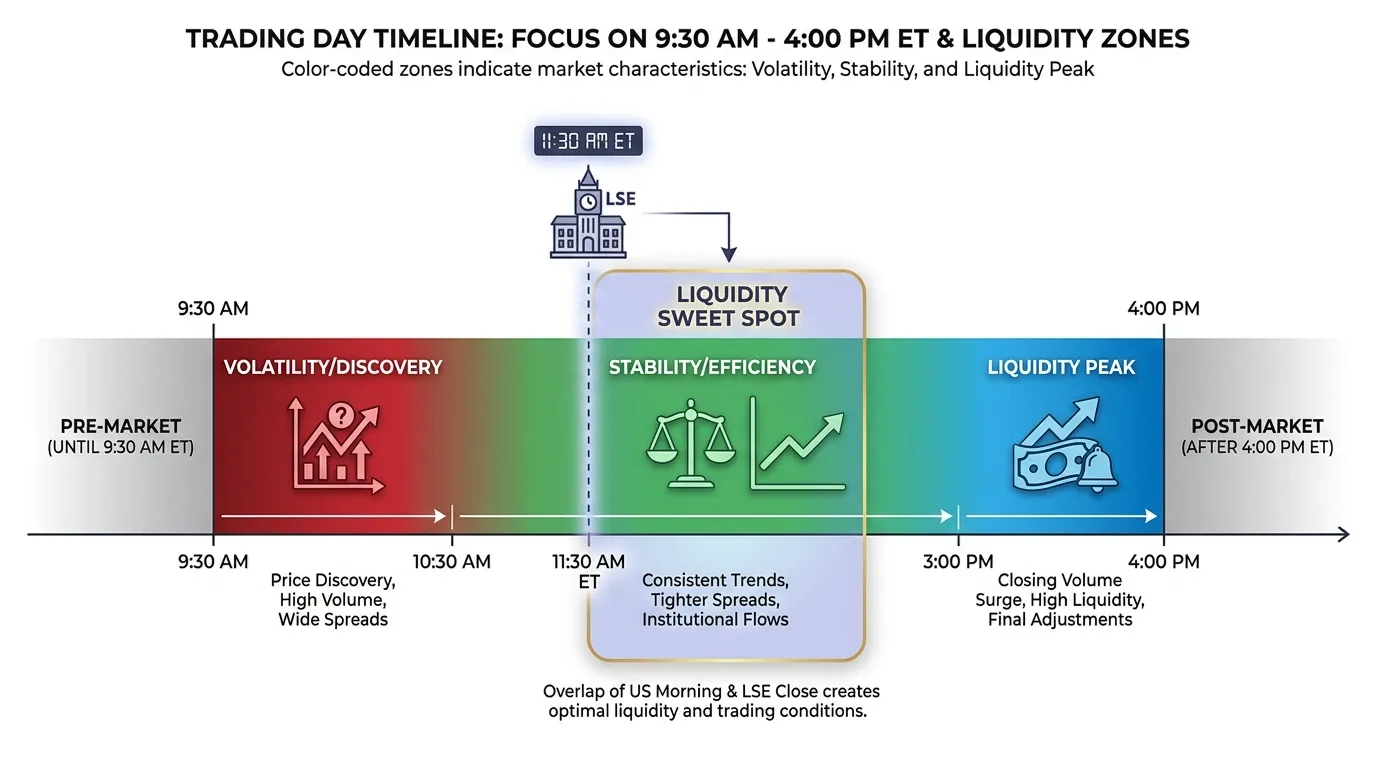 A horizontal 24-hour timeline focused on 9:30 AM to 4:00 PM ET. Three distinct color-coded zones: Red (Volatility/Discovery), Green (Stability/Efficiency), and Blue (Liquidity Peak). Overlay icons showing the London Stock Exchange closing at 11:30 AM ET to highlight the "Liquidity Sweet Spot."