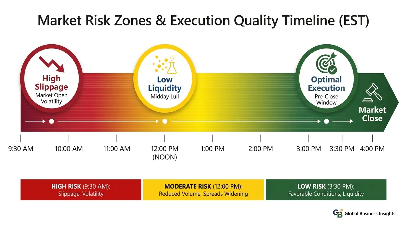 A horizontal timeline from 9:30 AM to 4:00 PM EST using a heat-gradient (Red to Green) showing "Risk Zones." Red at 9:30 AM (High Slippage), Yellow at 12:00 PM (Low Liquidity), and Dark Green at 3:30 PM (Optimal Execution).