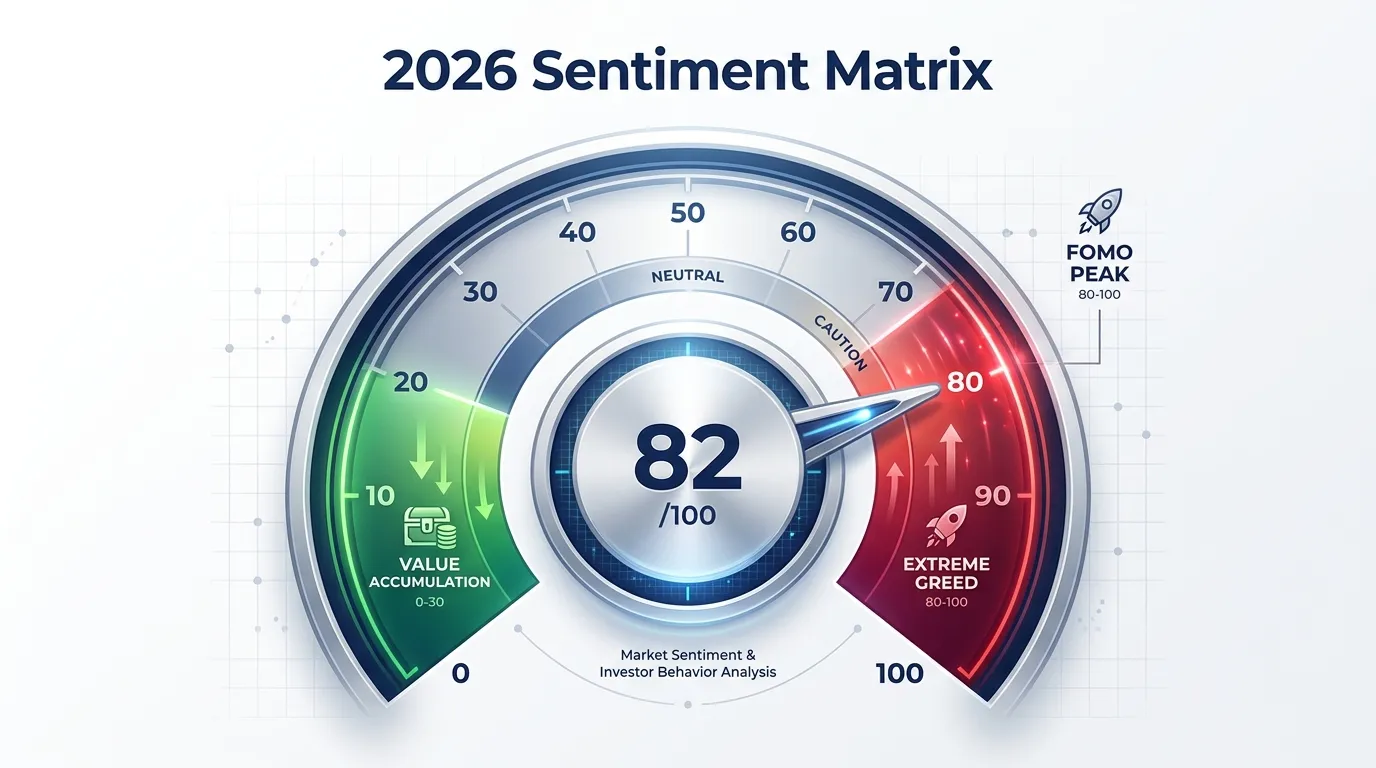 A high-fidelity circular gauge chart titled "2026 Sentiment Matrix." The needle is pinned in the "Extreme Greed" zone (82/100). The chart features two distinct zones: a red "FOMO Peak" (80-100) and a green "Value Accumulation" (0-30). Minimalist professional design with navy and silver accents.