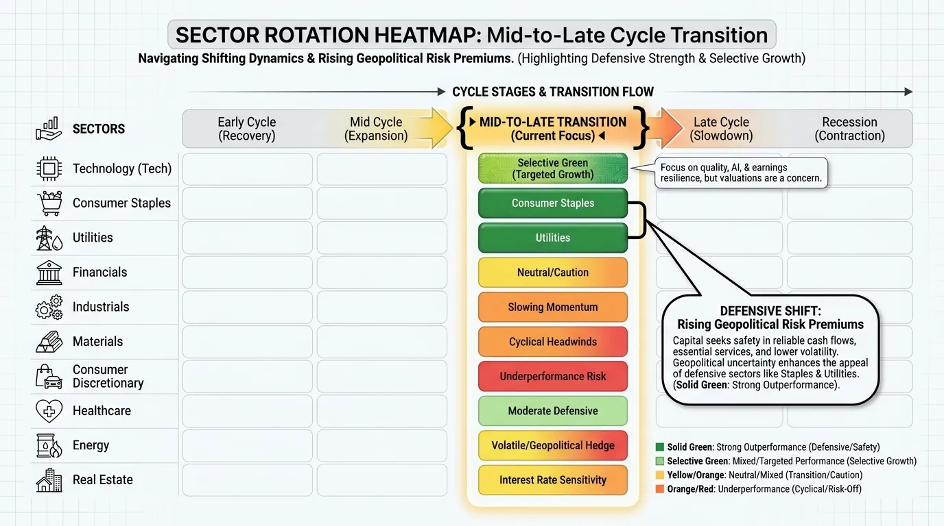 A sector rotation heatmap showing the "Mid-to-Late Cycle" transition. Tech is highlighted in "Selective Green," while Consumer Staples and Utilities are in "Solid Green" due to rising geopolitical risk premiums.