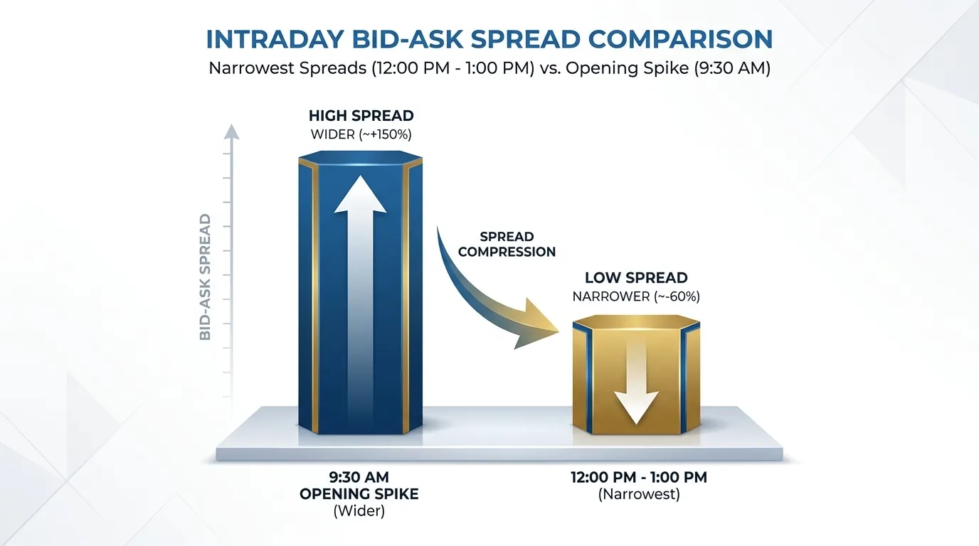 3D bar chart showing narrowest bid-ask spreads during the 12:00 PM to 1:00 PM hour compared to the 9:30 AM opening spike, corporate blue and gold color palette.