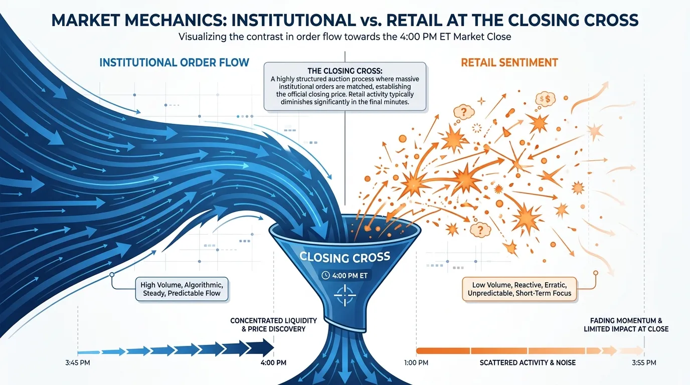 A split-screen diagram showing 'Institutional Order Flow' as a massive, steady river of blue arrows entering a funnel labeled 'Closing Cross,' contrasted with 'Retail Sentiment' as scattered, chaotic orange sparks that fade as 4:00 PM approaches.